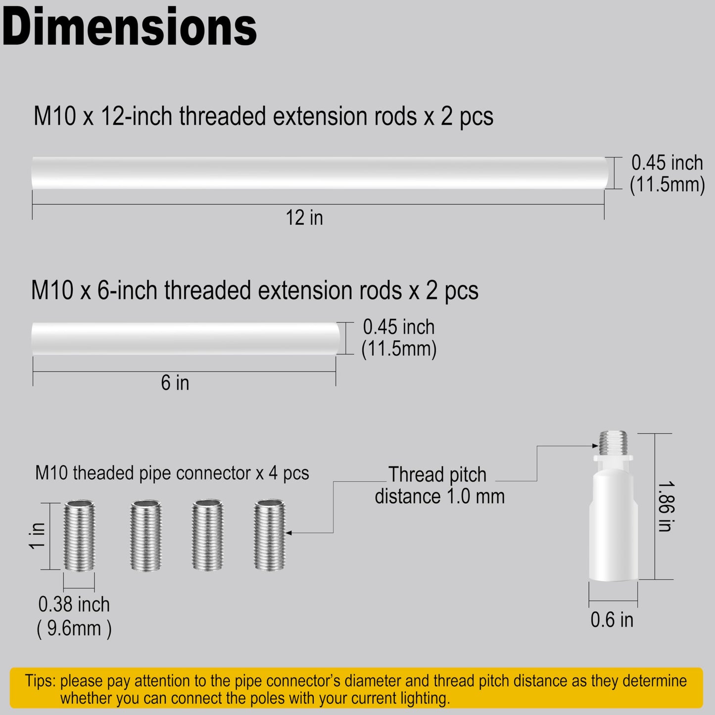 M10 Threaded Extension Poles Lighting Fixture Downrods Stems & 180 Degrees Sloped Ceiling Adapter Kits For Pendant Light  Island Lighting  Chandeliers (White)