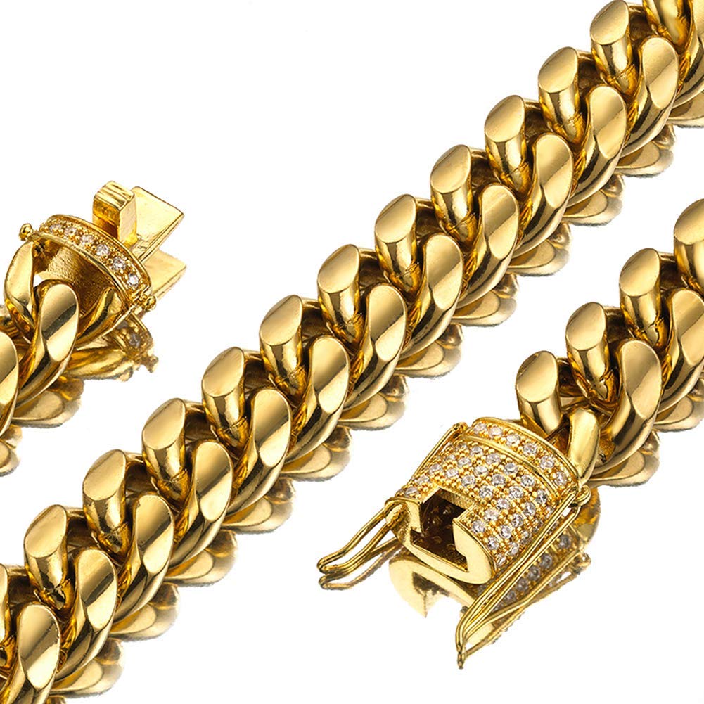 Jxlepe Mens Miami Cuban Link Chain 18K Gold 15mm Stainless Steel Curb Necklace with cz Diamond Chain Choker (20, Necklace)