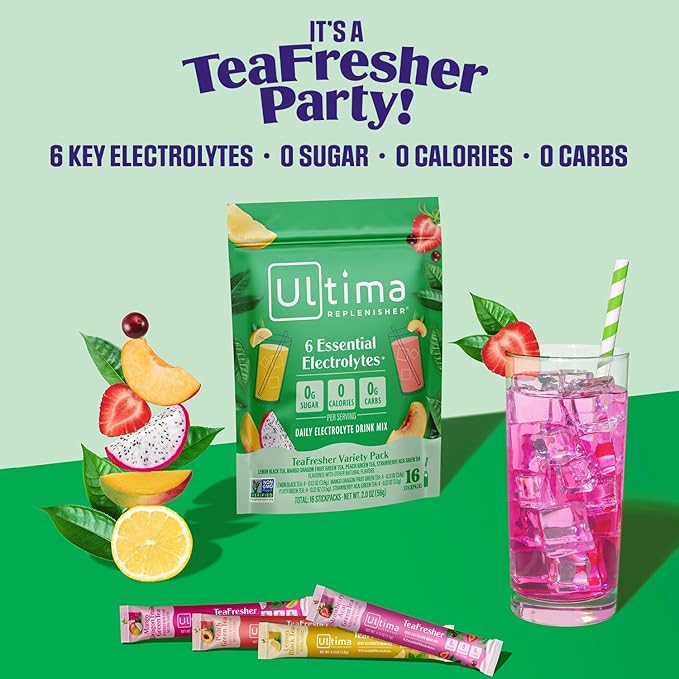 Ultima Replenisher TeaFresher Daily Electrolytes Powder and Instant Tea Mix - Variety Pack, 16 Stickpacks - Hydration Packets with 4 Sugar-Free Fruit and Tea Fusions, 6 Key Electrolytes