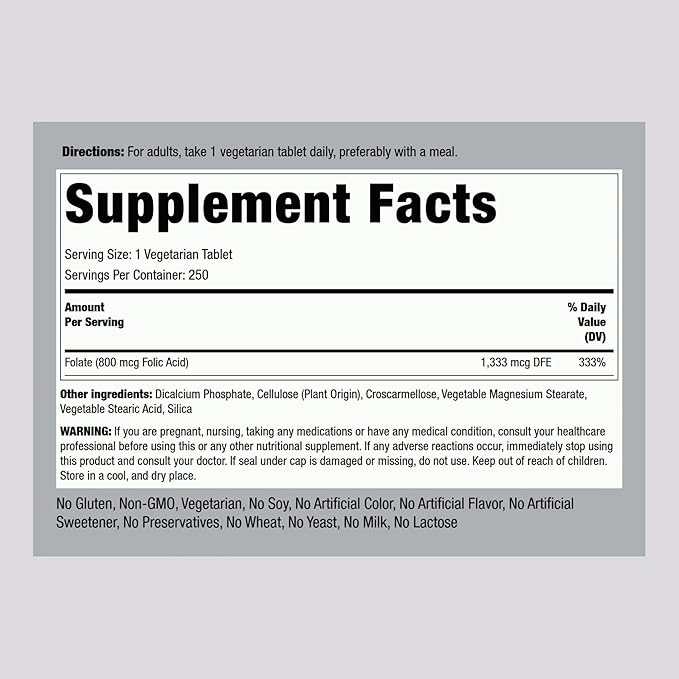 Piping Rock Folic Acid 800 mcg | 250 Tablet Capsules | Vegetarian Supplement | Non-GMO, Gluten Free