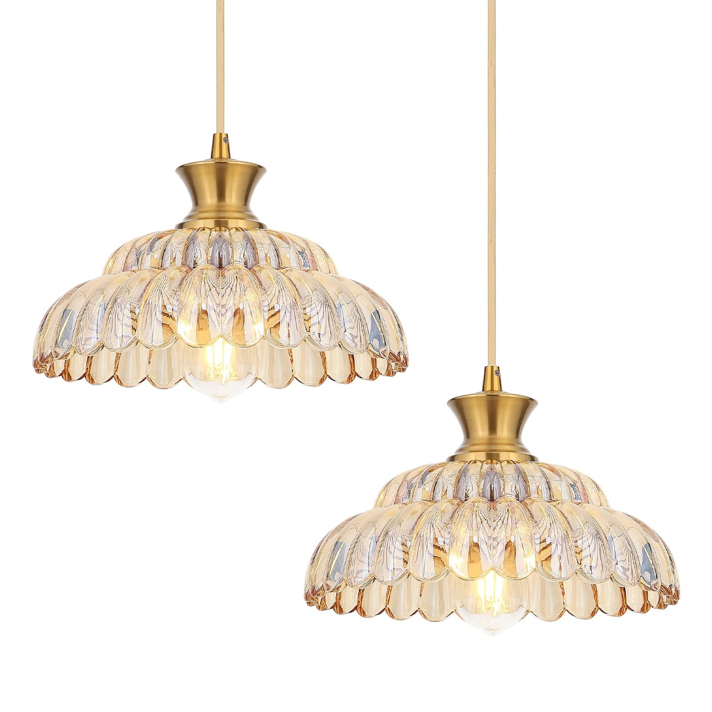 Mgcanyu Amber Glass Pendant Lights  2Pack Brushed Gold Lighting 11.8 Glass Light Fixtures Modern Glass Chandelier Vintage Hanging Ceiling For Kitchen Island Dining Room Restaurant Bedroom Foyer