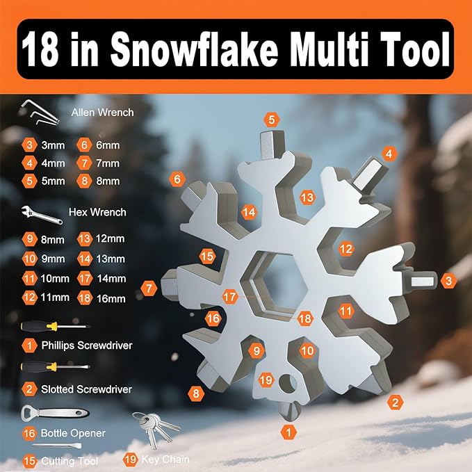 Snowflake Multi Tool 2 Pack - Stainless Steel 18 in 1 Multitool with Carabiner,Bottle Opener & Wrench,Stocking Stuffers for Men,White Elephant Gifts, Christmas Gifts for Him(Silver + Black)