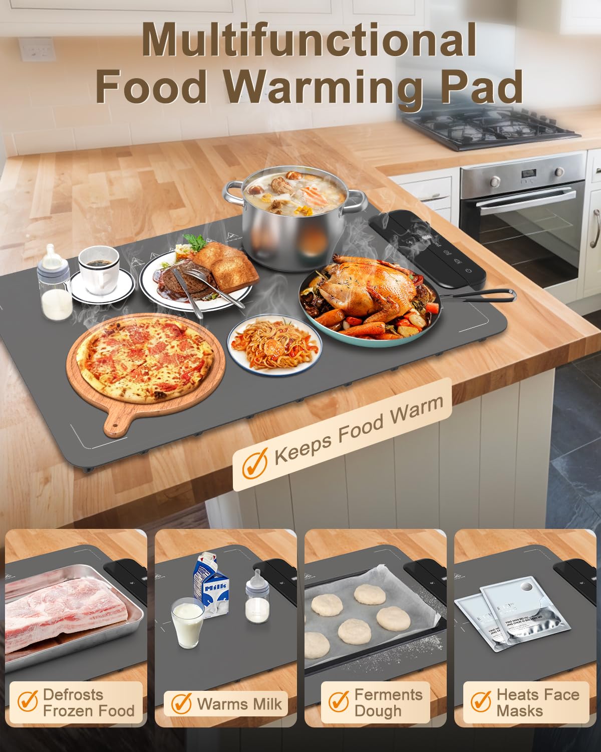 Electric Warming Mat for Food, ZAPLIT 24''x16 Washable Silicone Warming Tray with 6 Temp Settings, 6 Timers, Child Lock, and Auto Standby — Food Warmer for Buffet, Gathering, and Party (Grey/ 2 Pack)