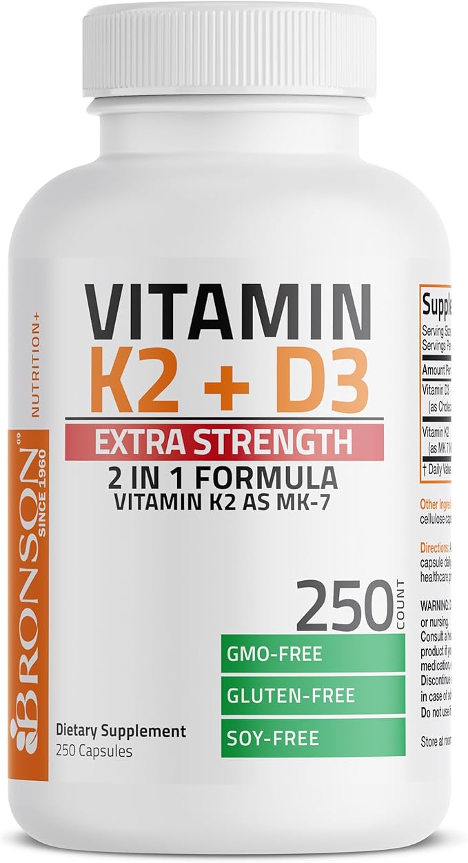 Bronson Vitamin K2 (MK7) with D3 Extra Strength Supplement Bone and Heart Health Non-GMO Formula 10,000 IU Vitamin D3 & 120 mcg Vitamin K2 MK-7 Easy to Swallow Vitamin D & K, 250 Capsules