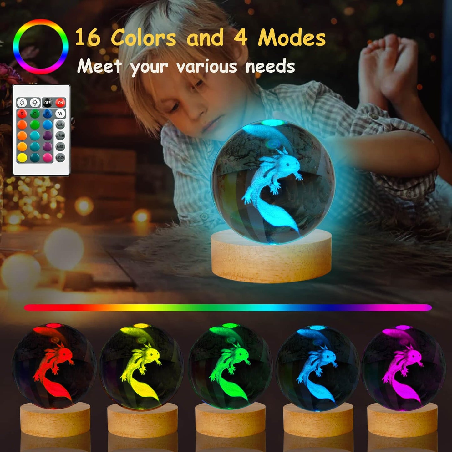 LINSINA Axolotl Crystal Ball Night Light Lamp, 3D K9 Glass, 16 Colors, 3.15in, Wooden Base, Remote Control, Model lamp-01