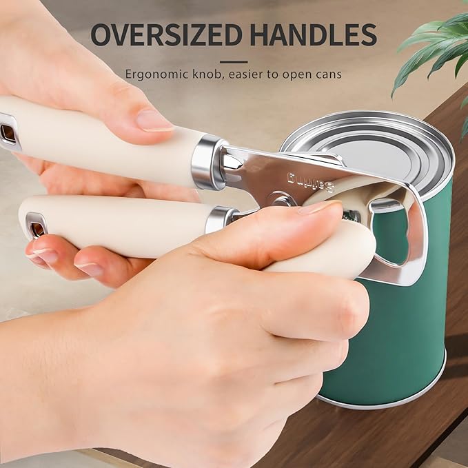 Can Opener Manual, Heavy Duty Stainless Steel Smooth Edge Can Opener With Soft Touch Handle, Oversized Handheld Easy Turn Knob, Multi-Function Bottle Opener, Beige