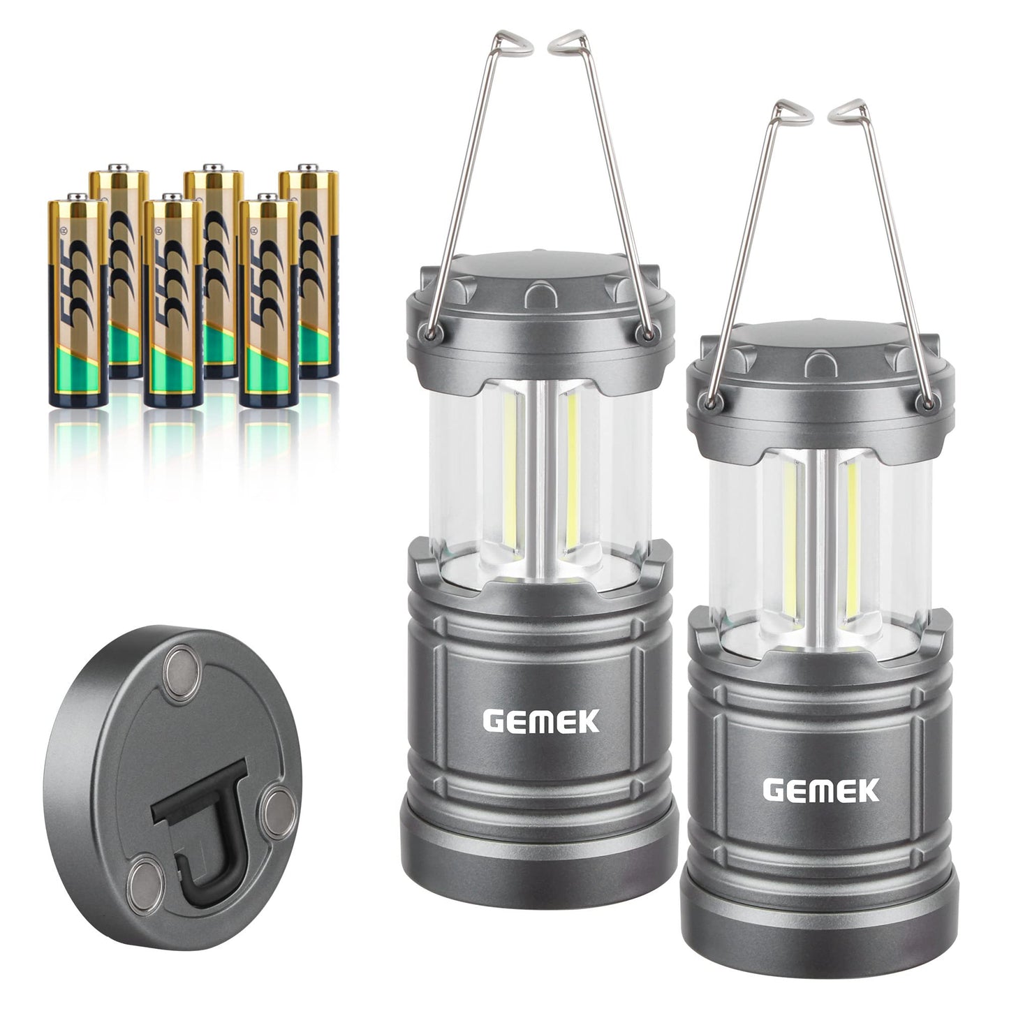 Gemek Led Camping Lantern - Portable Battery Powered, Magnetic Base, Collapsible Hook, Gray, Model Gd0131