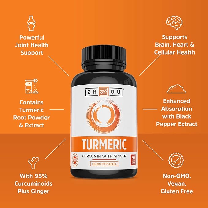 Zhou Turmeric Curcumin with Ginger - Turmeric and Ginger Supplement for Women & Men, Curcuminoids with Ginger Root & Black Pepper Extract for Digestion & Joint Health - 90 Veggie Capsules