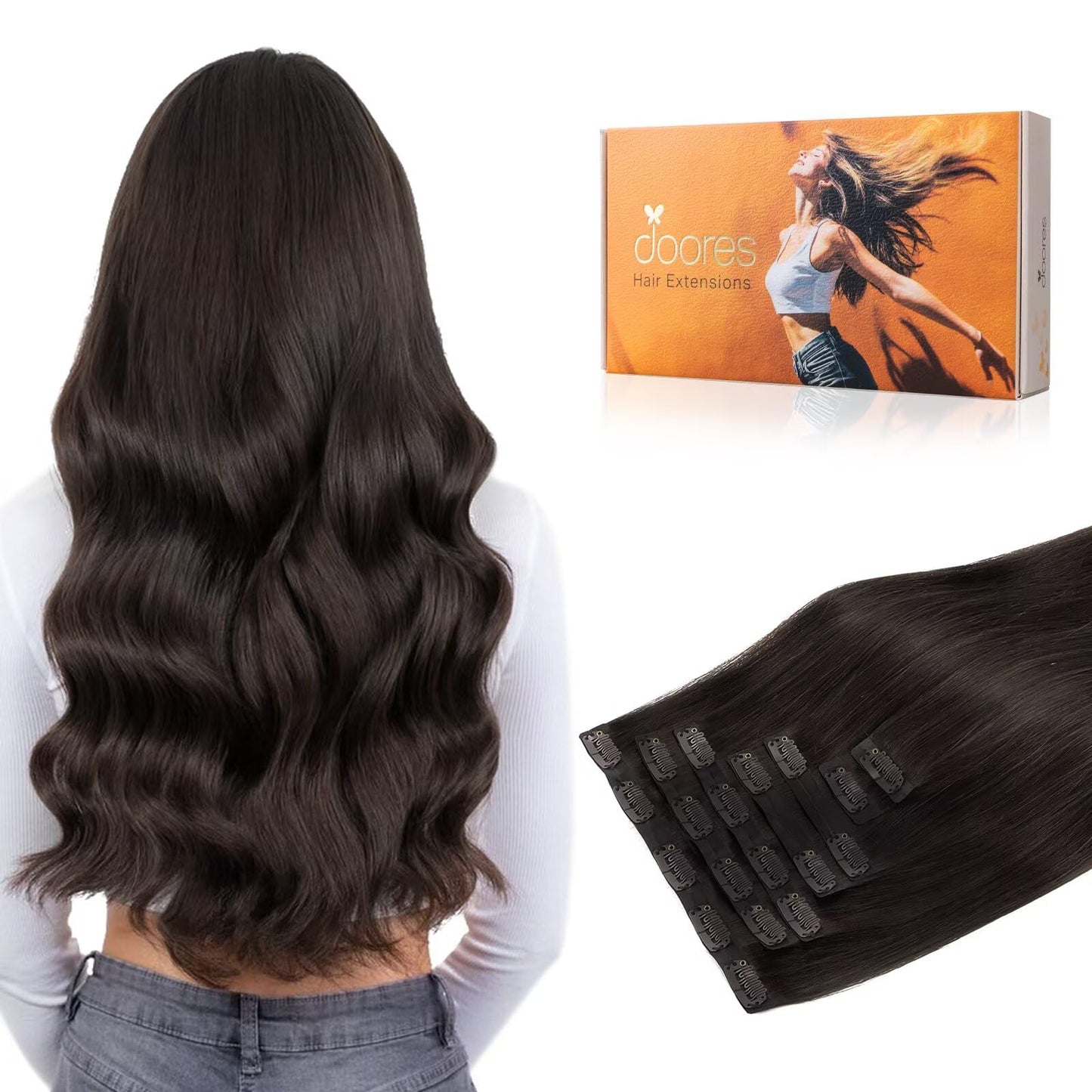 DOORES Seamless Invisible Edge Clip in Hair Extensions, Dark Brown 150g 7pcs 22 Inch, Clip in Human Hair Extensions Virgin Remy