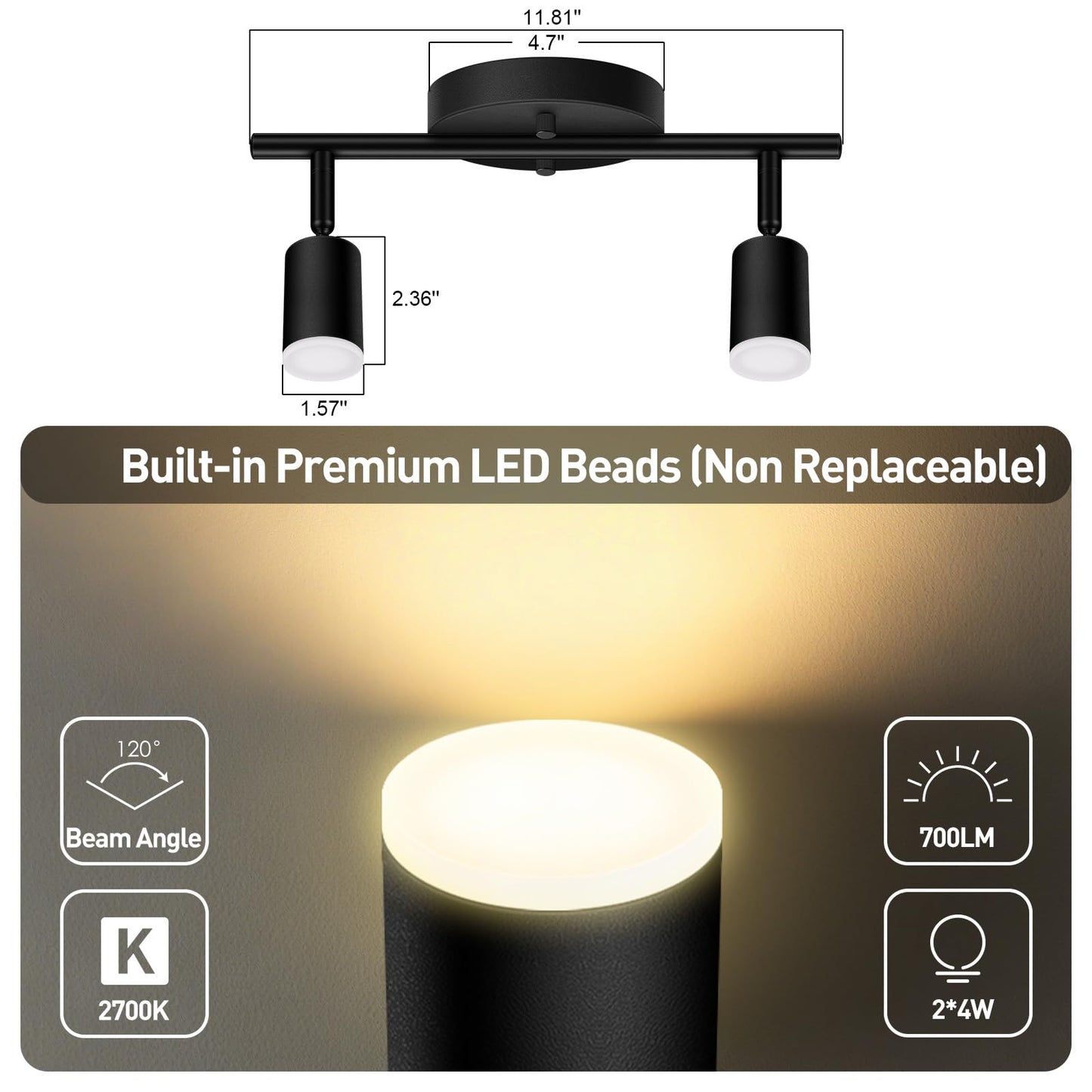 Auquee 2 Light Track Lighting Fixtures Ceiling  8W/2700K Black Track Lighting With Acrylic Lampshade & Rotatable Light Heads  20000Hrs Lifespan  Modern Led Track Lights Ceiling For Kitchen/Hallyway
