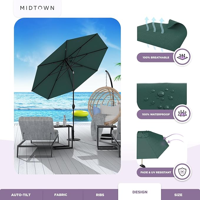 Midtown Umbrellas 10-Year-No-Fade - 9 Ft - UV Proof Forest Green Polyester Fabric - Umbrella Outdoor Patio, Auto-Tilt Aluminum Frame Patio Umbrella for Garden, Pool & Deck - Black Pole