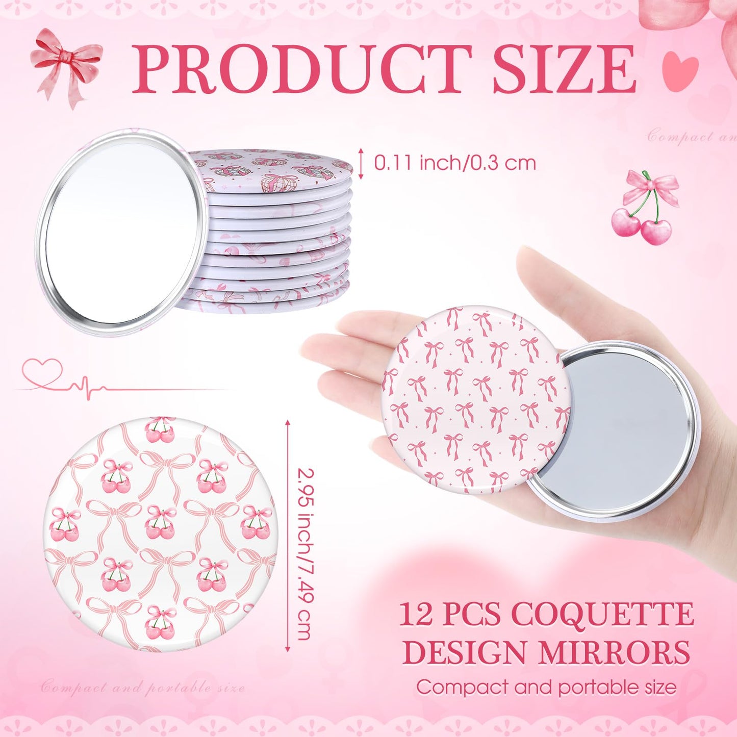 Cinnvoice 12 Pcs Coquette Aesthetic Compact Mirror Bulk Bow Travel Makeup Pocket Purse Mini Mirror for Women Wedding Bridal Show