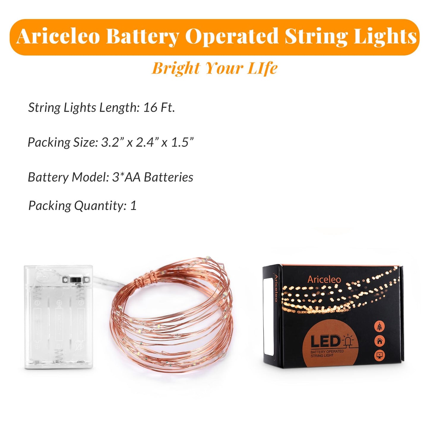Ariceleo LED Fairy Lights, Battery Operated Copper Wire, 5m/16ft, Cool White, Model MRSXD-W-5M-1, Ideal for Bedroom, Christmas, Wedding