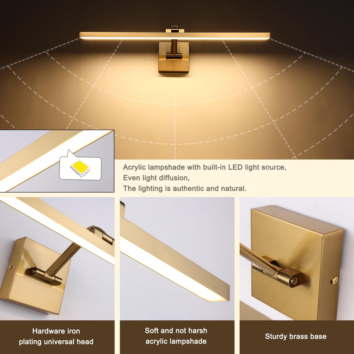 Hard-Wired Picture Lights 23.62 Inch Dimmable Led Wall Art Lighting 14W 2700K  Warm Whitemodern Brass Gallery Light Poster Lights Adjustable Swing Arm Picture Frame Light For Display Art Work