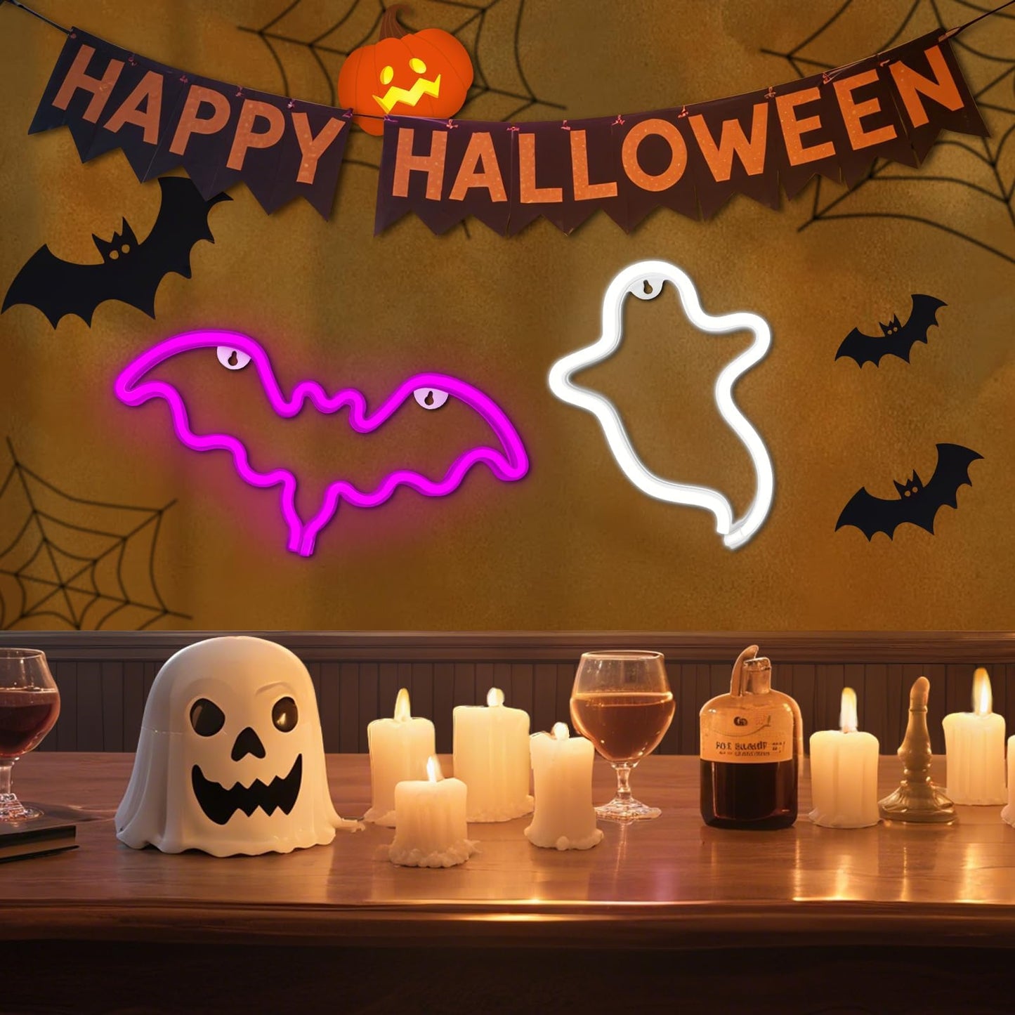 Innovtools 2 Pack Halloween Neon Sign  White Ghost And Pink Bat Neon Lights For Wall Decor  Usb Or Battery Powered Led Halloween Decorations Light Up Sign For Bedroom Window Party Kids Gift