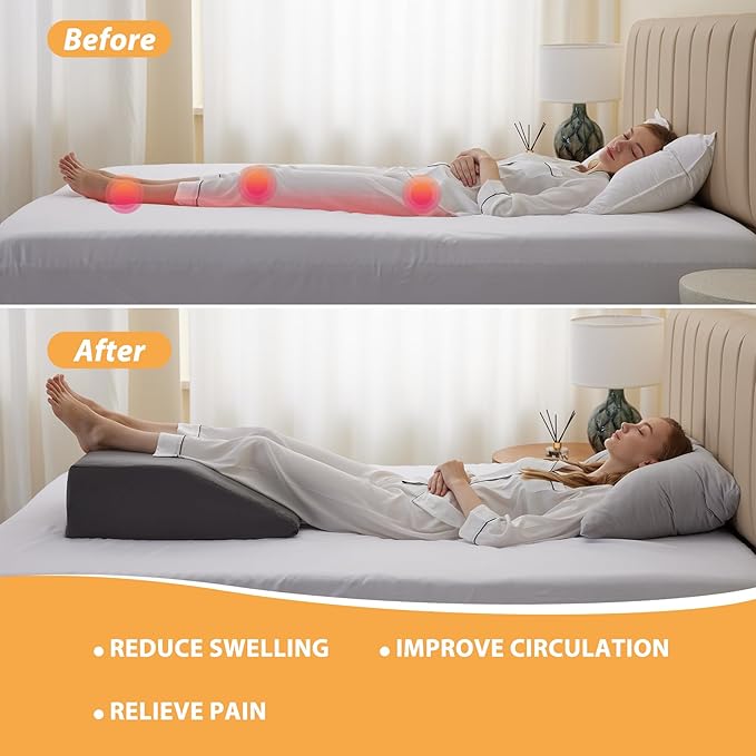 Leg Elevation Pillows, Leg Pillows for Sleeping, Cooling Gel Memory Foam Top, Wedge Pillow for Legs, Leg Wedges for Circulation, Swelling, After Surgery - Removable Cover (6 Inch, Grey)