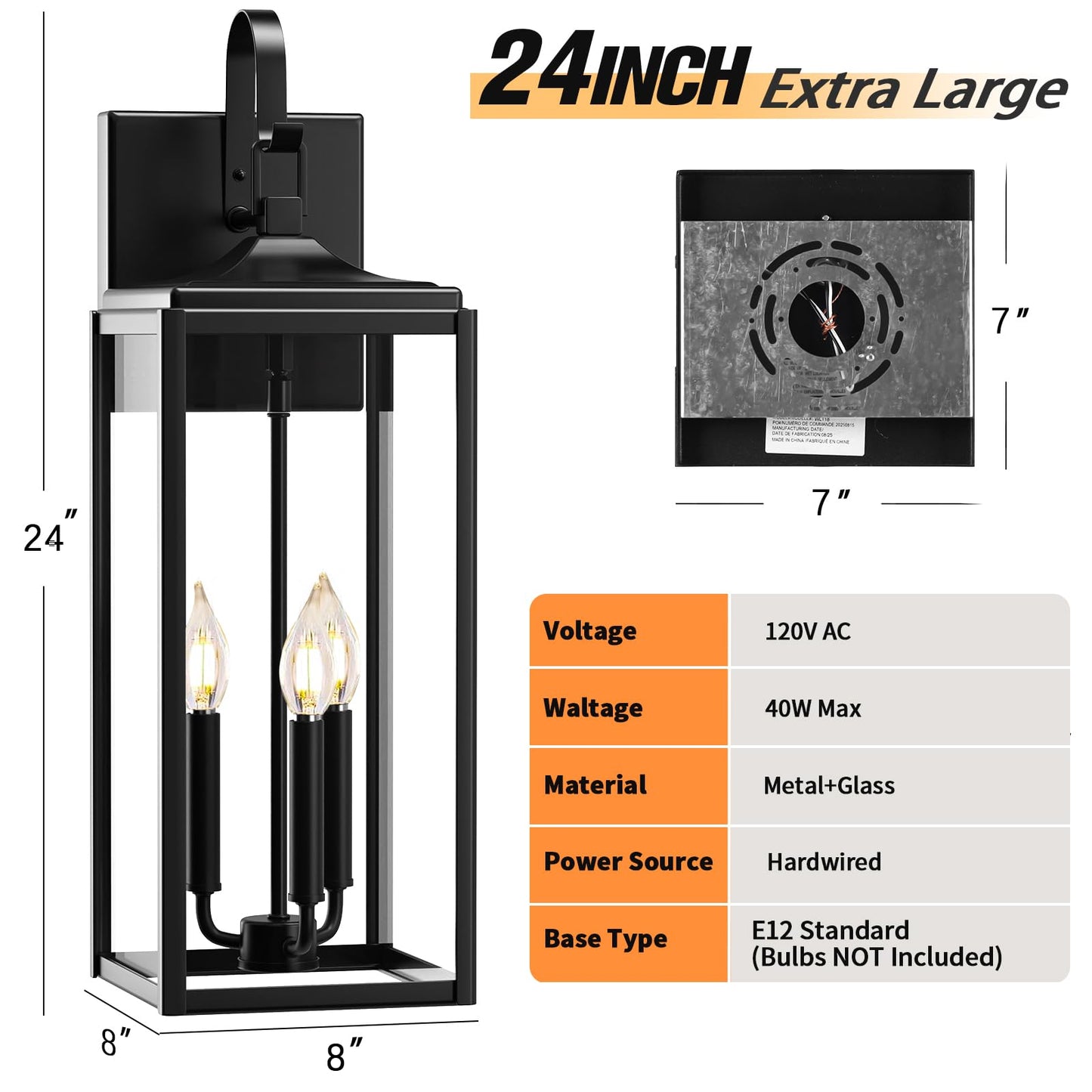 24 Extra Large Outdoor Wall Light 2 Packs  Black Exterior Lighting Fixtures Outdoor Porch Lantern Wall Mounted  Waterproof Modern Outside Wall Sconce  E12 3-Light Coach Lamp For House Patio Garage