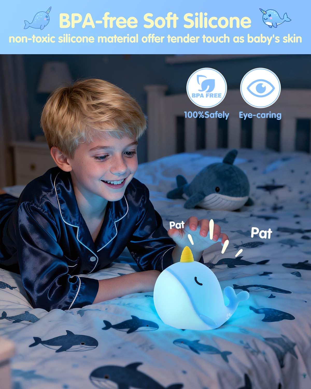 Fuloon Narwhal Night Light With Whale Shape  Squishy Silicone Kids Lamp  Safe & Soothing Touch Control For Kids And Babies  Usb-C Rechargeable  30-Min Auto Timer  Gift Idea (Blue)