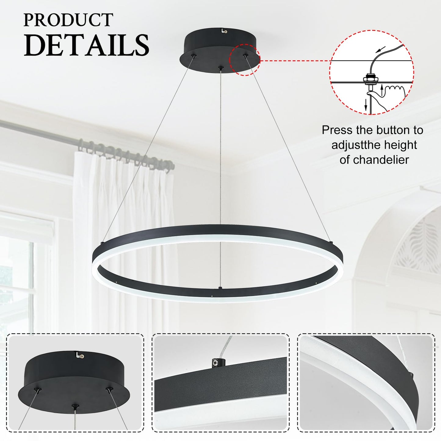 Sparklelf Modern Led Pendant Lighting 24 Ring Chandelier Black Dimmable Led Chandelier For Dining Room 36W Adjustable Pendant Light Fixture For Living Room Bedroom Home Office Foyer  3000-6500K