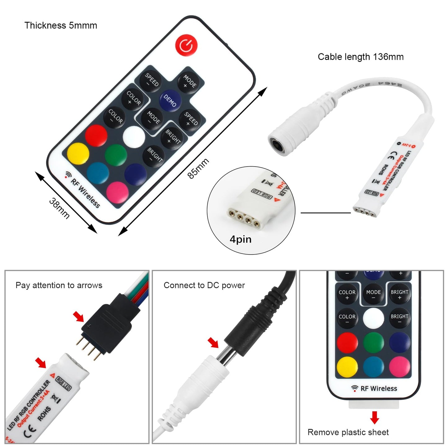 VIPMOON 17-Key RF Wireless Remote LED Controller, DC 5V-24V, 12A Mini RGB Controller, Model MT-RF11K6A