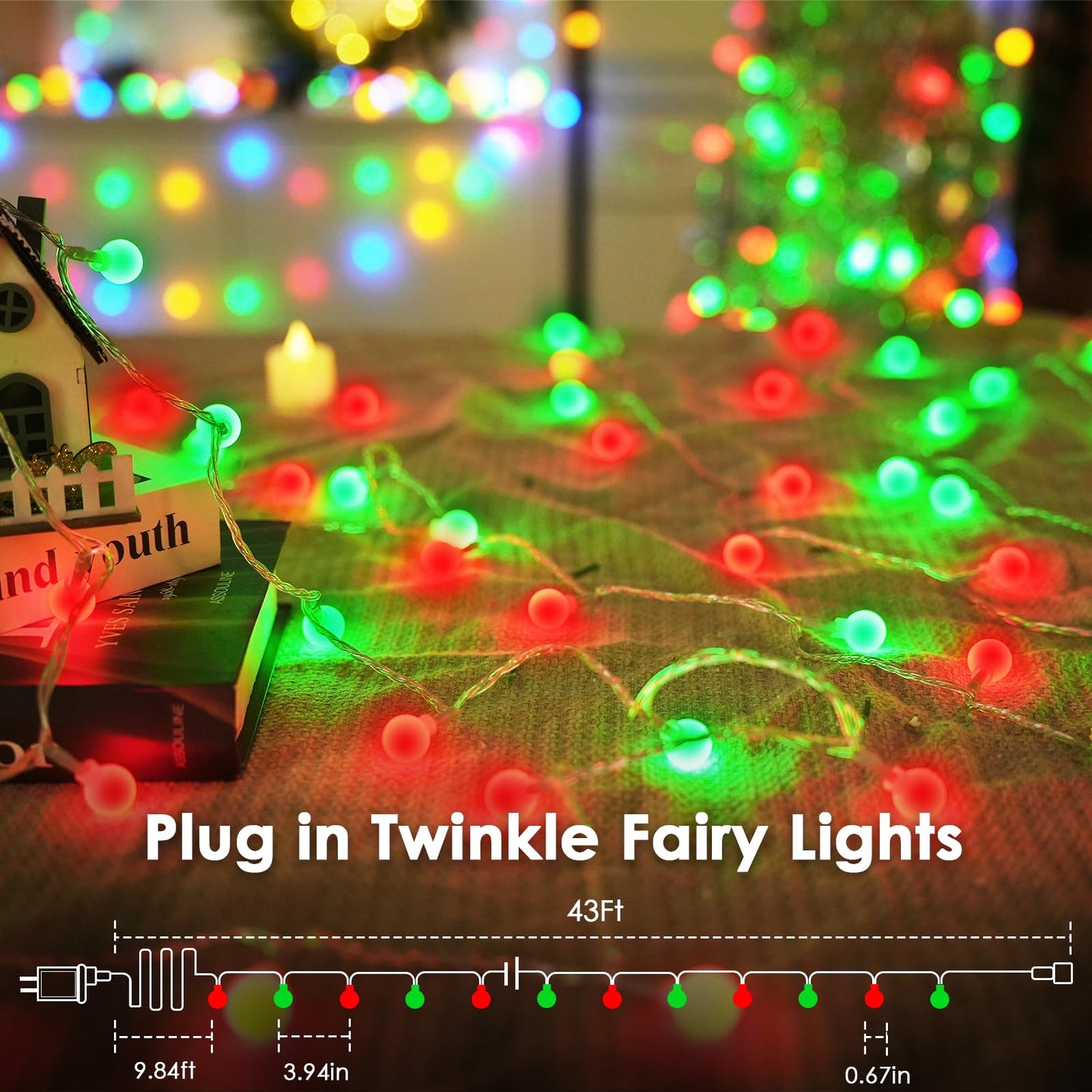 43Ft 100Led Connectable Christmas String Lights Indoor Outdoor - Red And Green Fairy Lights Plug In With Remote & 8 Modes  Globe Twinkle Light For Christmas Decorations Bedroom Room Tree Party