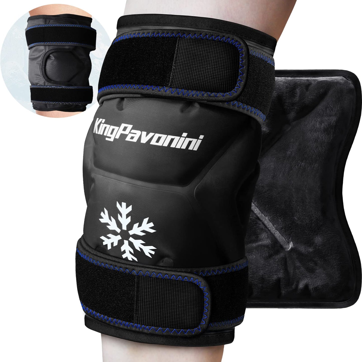 KingPavonini XXL Knee Ice Pack Wrap Around Entire Knee After Surgery, Large Reusable Gel Ice Pack for Injuries, Pain Relief, Swelling, Sports Injuries, 2 Pack (Black)