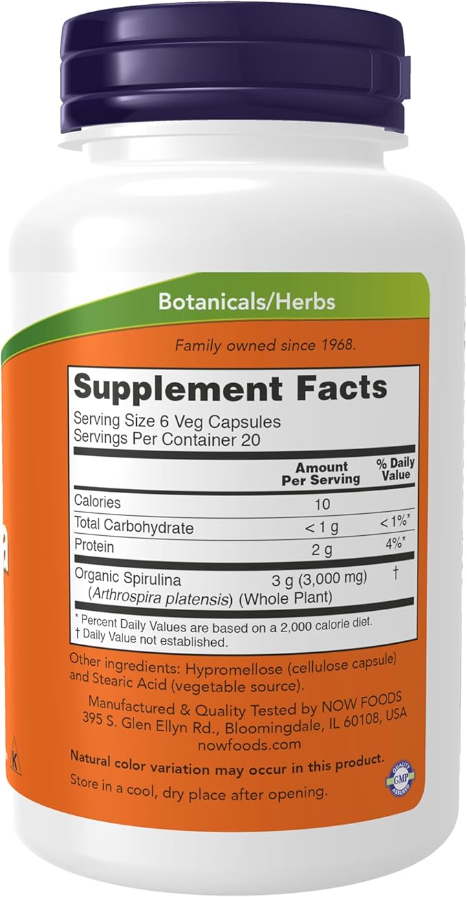 NOW Foods Supplements, Natural Spirulina 500 mg with Beta-Carotene (Vitamin A) and Vitamin B-12, and naturally occurring Protein and GLA (Gamma Linolenic Acid), 120 Veg Capsules