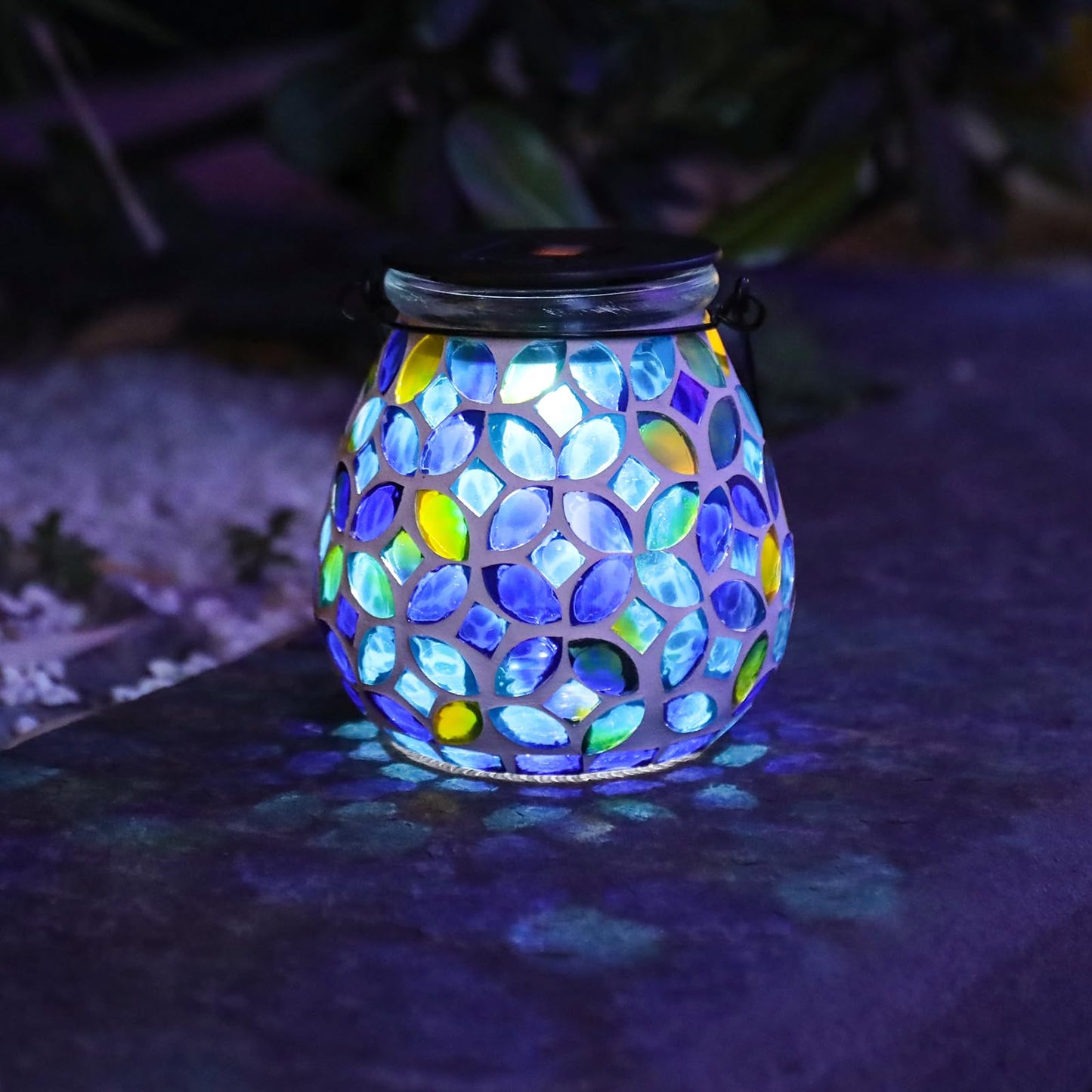 Afirst Mosaic Solar Lantern - Glass Hanging Light, Waterproof Table Lamp for Outdoor Garden, Patio, Holiday Party, Model 5033540B, Color Coins