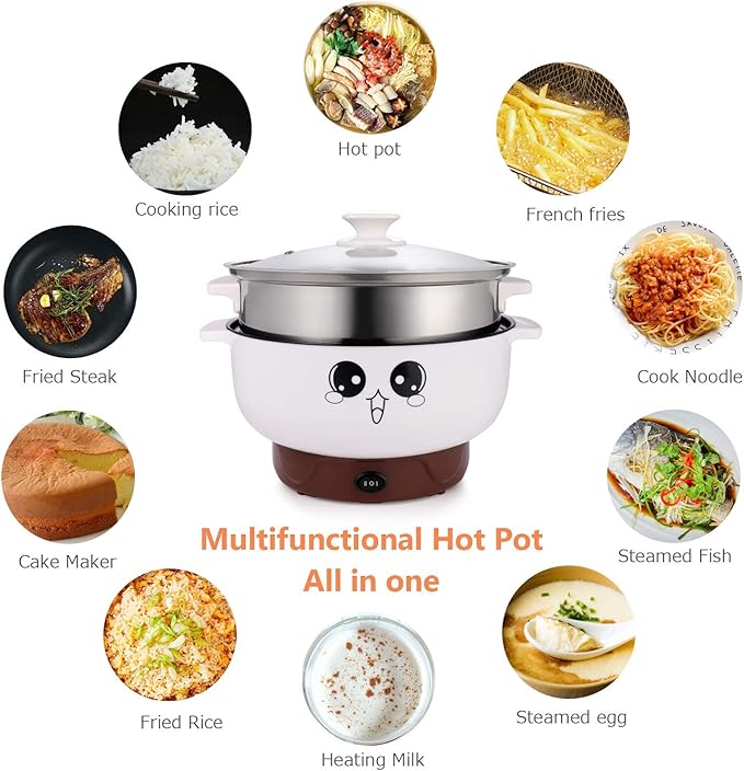 4-IN-1 Multifunction Electric Cooker Skillet Grill Pot Wok Electric Hot Pot for Noodles Cook Rice Fried Stew Soup Steamed Fish Boiled Egg Small Non-stick (2.3L, with Lid and Steamer)