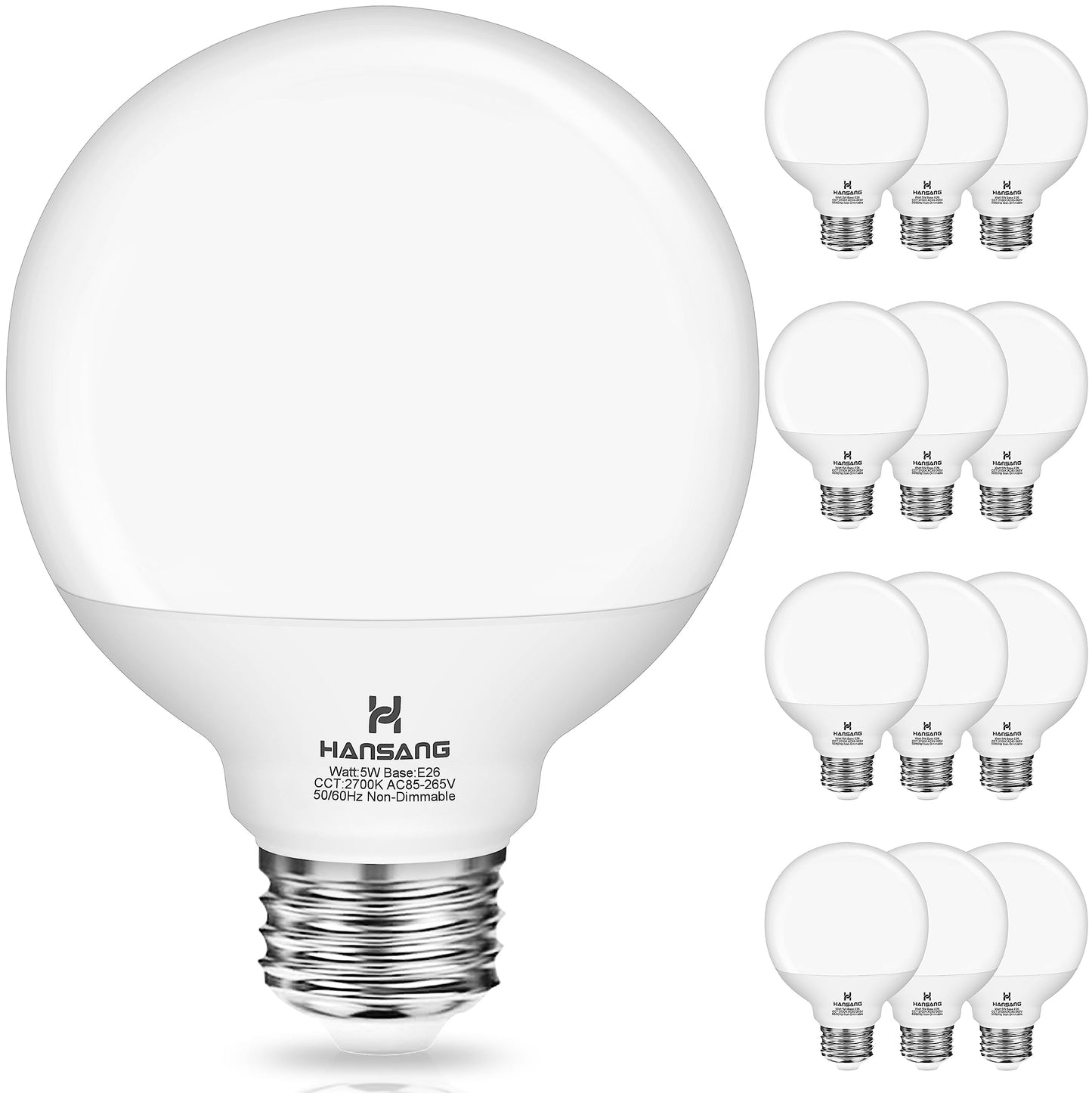 hansang 12 Pack LED Globe Bulbs, 2700K Warm White, E26 Base, G25, 60W Equivalent, Non-dimmable, High Light Transmittance PC