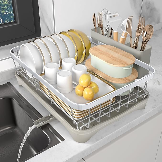 Dish Drying Rack - 304 Stainless Steel Dish Rack with Utensil Holder & Adjustable Spout, Space-Saving Organizer, Large Capacity for Bowls, Dish Drainer with Drainboard, Grey