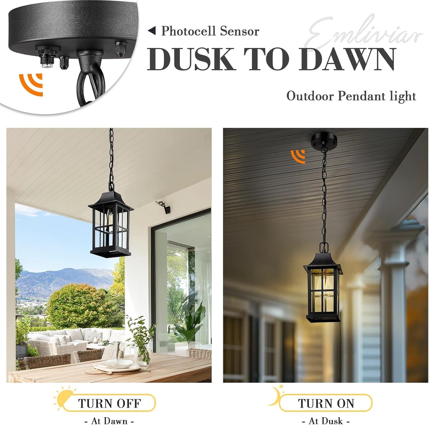 Emliviar 10.6" Dusk to Dawn Outdoor Pendant Light, Black Hanging Porch Light with Clear Glass Shade, Weatherproof Ceiling Lamp for Patio, Auto On/Off, YXE306H-PC BK