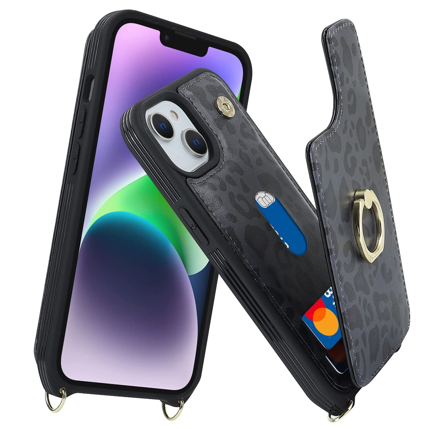 Lipvina For Iphone 13 Case With Card Holder For Women,Phone Case With Strap,Crossbody Lanyard,Ring Stand,Snap Clasp,Cute Wallet