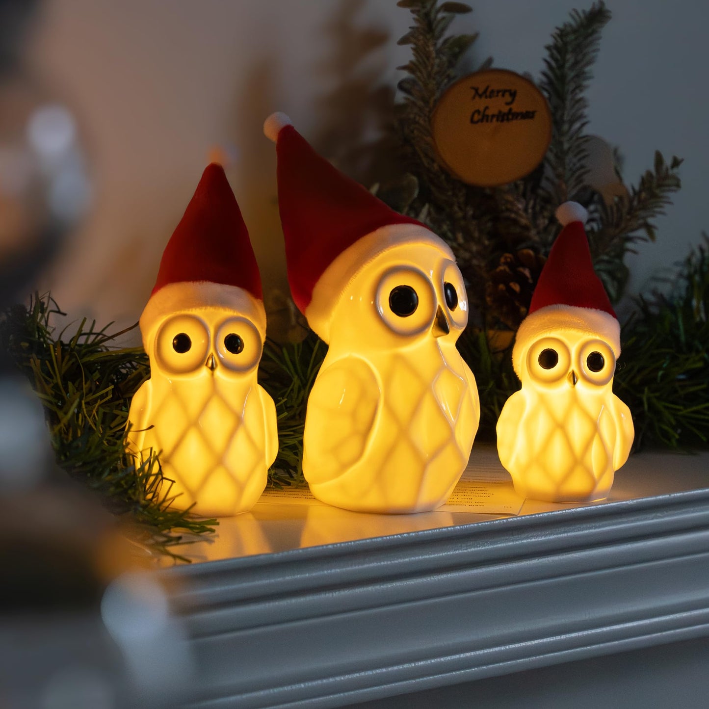 Nerosun Christmas Lighted Owl Figurines  3 Pack Ceramic White Light Up Led Owl Family Ornaments Table Centerpiece  Christmas Decorations For Tabletop Mantel Fireplace Cabinet Indoor Xmas Decor Gift