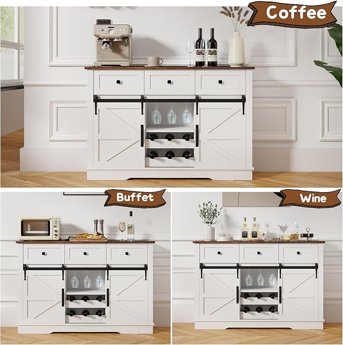 Kmax Farmhouse Wine Bar Cabinet w, 54” Buffet Cabinet with Storage, Rustic White Coffee Bar Cabinet with Sliding Barn Doors, Wine/Glass Rack & 3 Drawers for Living, Dining Room, Brown Top