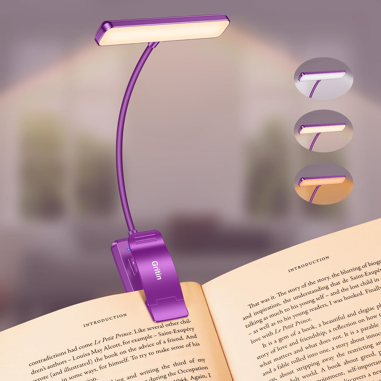 Gritin Rechargeable Book Light with 3 Color Temperatures, Stepless Dimming, 80 Hrs Runtime, Dark Purple, Model G1326