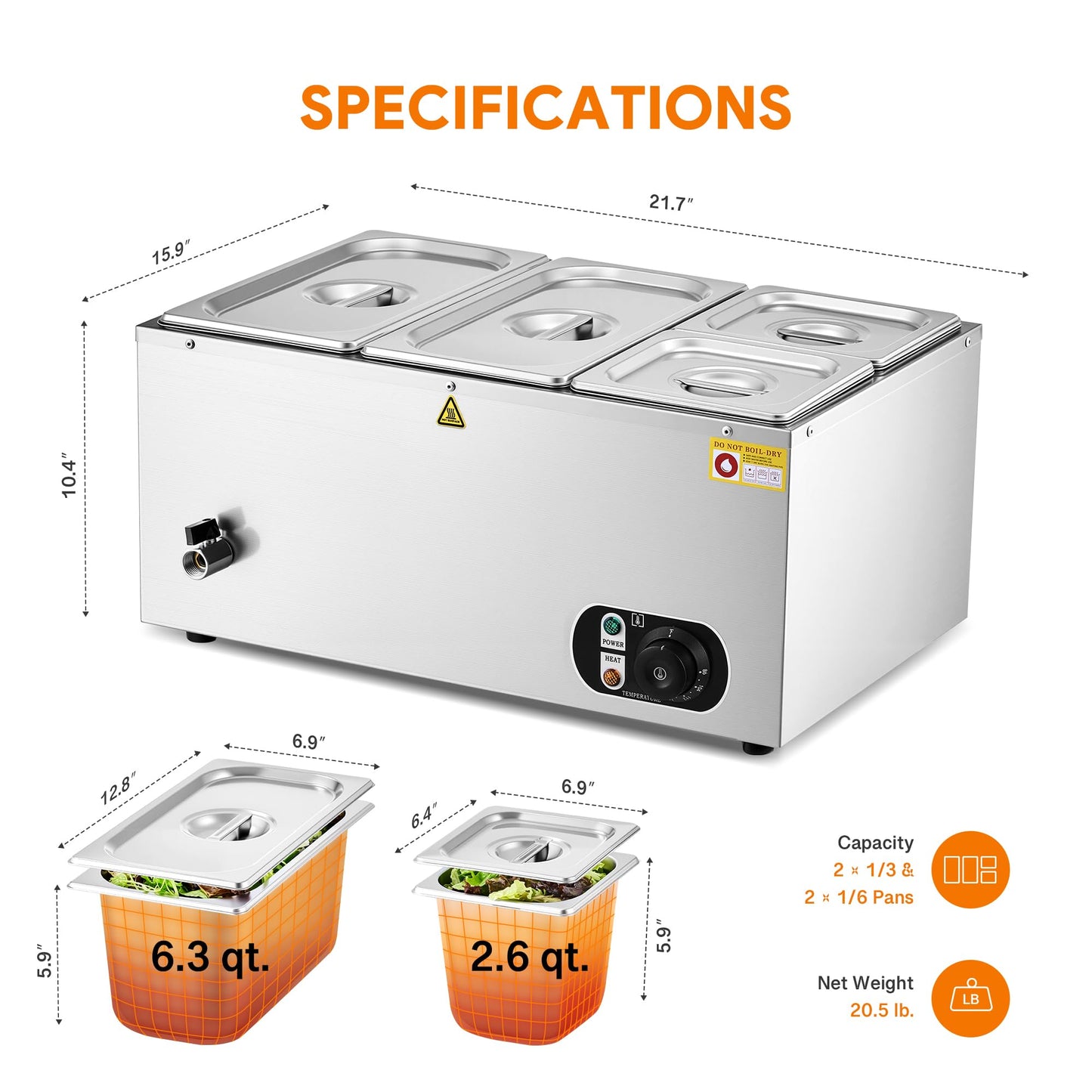 WILPREP Commercial Food Warmer with Two 1/3 & Two 1/6 Pans, 1500W Countertop Electric Warmer, 86-185°F Adjustable Temp Control, Stainless Steel Buffet Bain Marie
