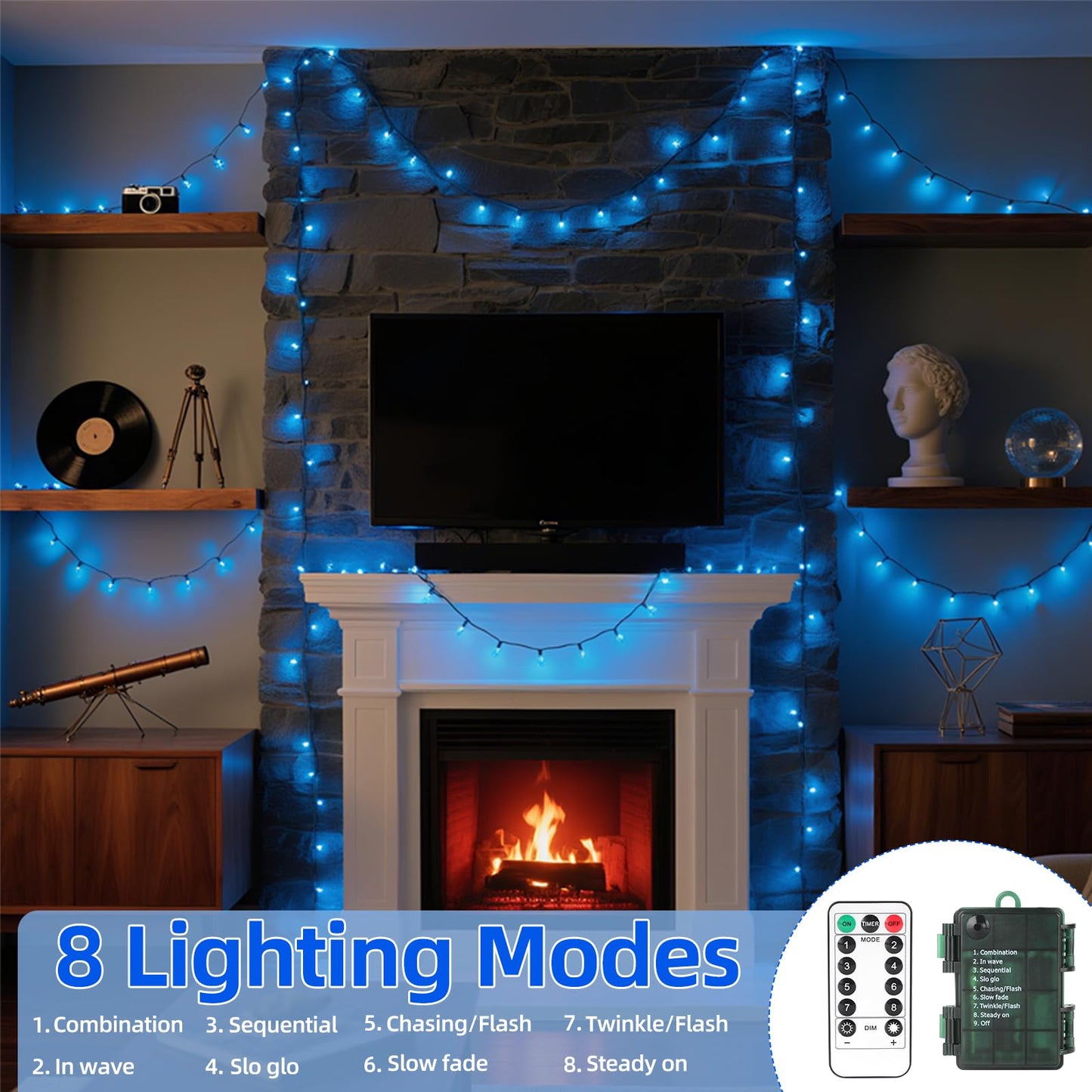 VTECHOLOGY 33Ft 100LED Blue Battery Operated String Lights, 8 Modes, Indoor/Outdoor, Model QL300IE