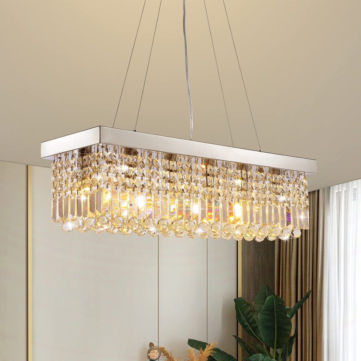7Pm Modern Rectangle K9 Crystal Chandelier Pendant Light Fixture, Chrome, 31.5X10X10, Ideal For Dining Room & Kitchen Island