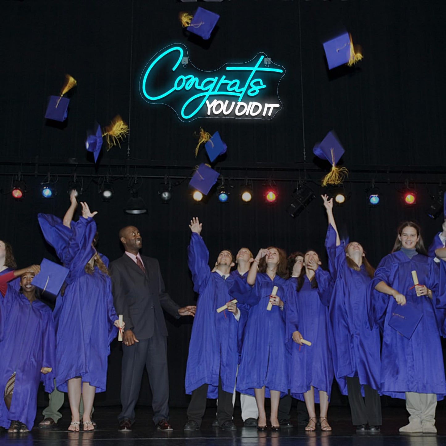Wlhope Congrats You Did It Neon Sign Graduation Decorations 2025 Blue White Led Lights For Party College High School Class Graduation Gifts For Teens