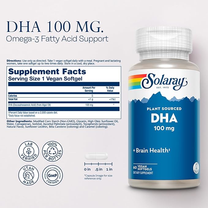 SOLARAY DHA Supplements 100 mg - D H A Omega 3 Fatty Acids for Wellness Support, Prenatal DHA Omega 3 Supplement - Plant Sourced from Algae Oil - 60-Day Guarantee, 60 Servings, 60 Vegan Softgels