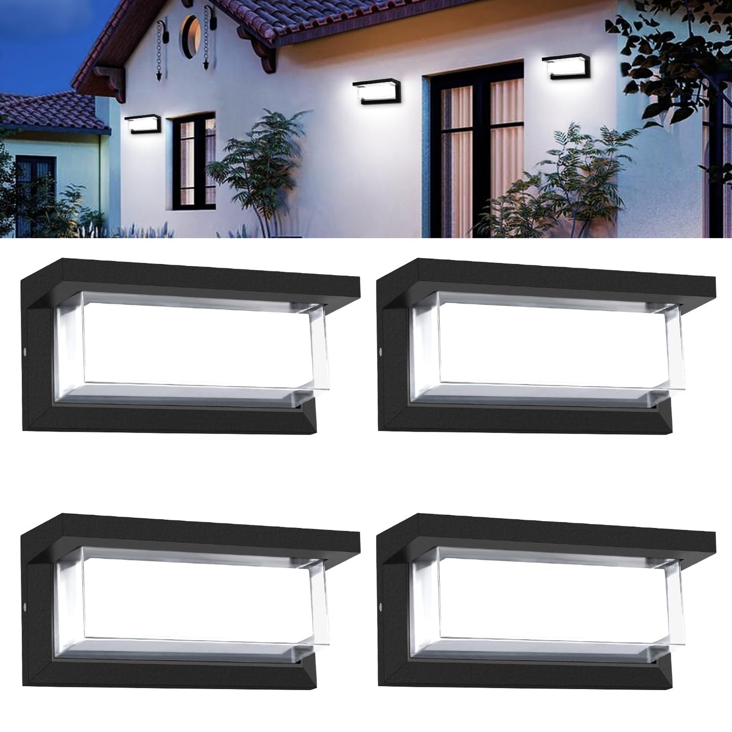 Biritalo 4 Pack 6000K Outdoor Porch Lights  18W 1800Lm Led Wall Lighting  Ip65 Waterproof Rustproof Aluminum Modern Exterior Fixtures For Front Door  Patio  Backyard