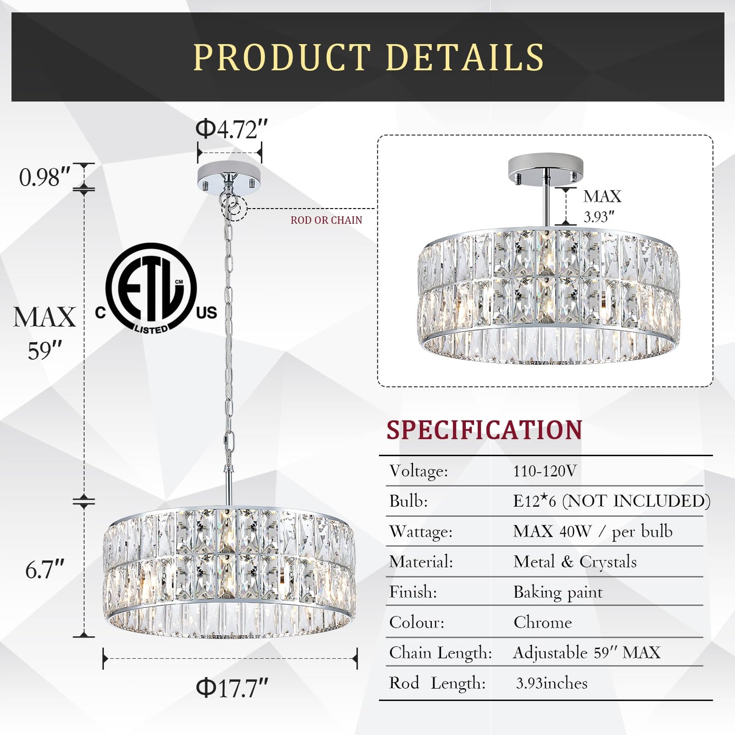 Catiner Modern Crystal Chandelier 18 Chrome Semi Flush Mount Ceiling Light Fixtures 6-Lights Drum Crystal Pendant Lighting For Dining Room Foyer Bedroom Living Room
