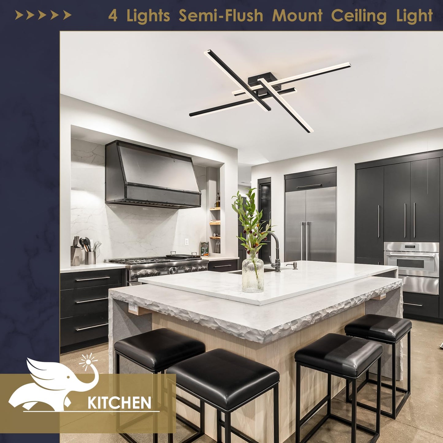 Airyphant Modern Led Chandelier 4-Lights Semi-Flush Mount Ceiling Lighting Fixture 35.4  Dimmable Remote Control Ceiling Light For Living Room Bedroom Kitchen Foyer 40W