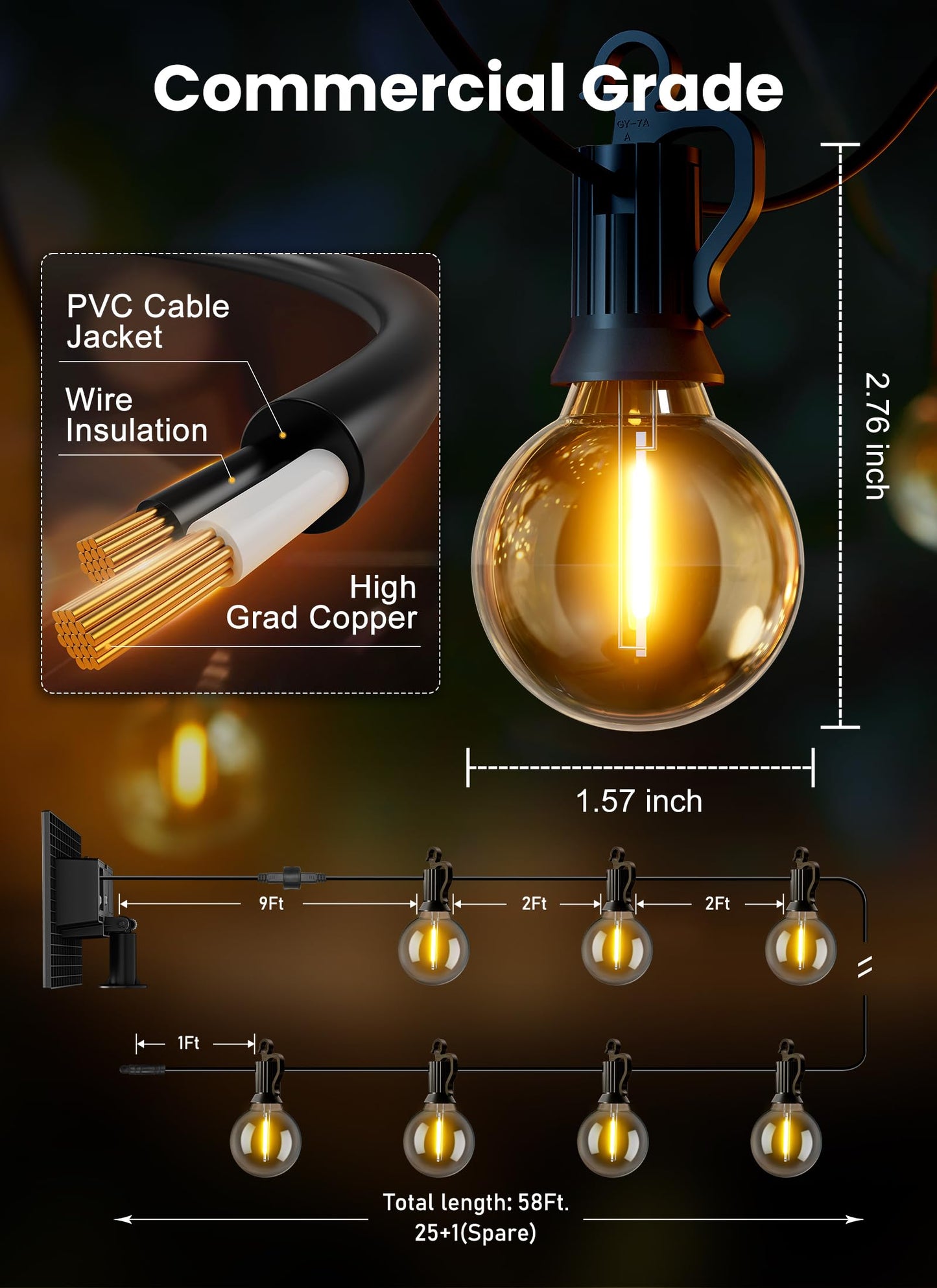Brightown Solar String Lights 58FT with Remote, 26 LED Shatterproof Bulbs, Dimmable, 3 Light Modes, Black, Model GY-S-C25