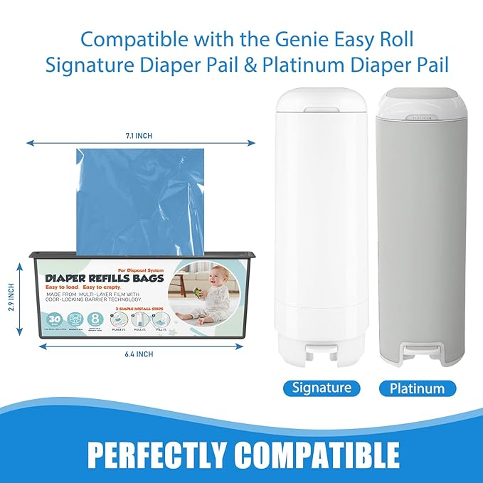 Diaper Pail Refills Bags with 30 Bags Compatible with Genie Easy Roll Signature and Platinum Diaper Pails, 7-Layer Odor-Barrier Technology, 2 Pack (60 Bag)