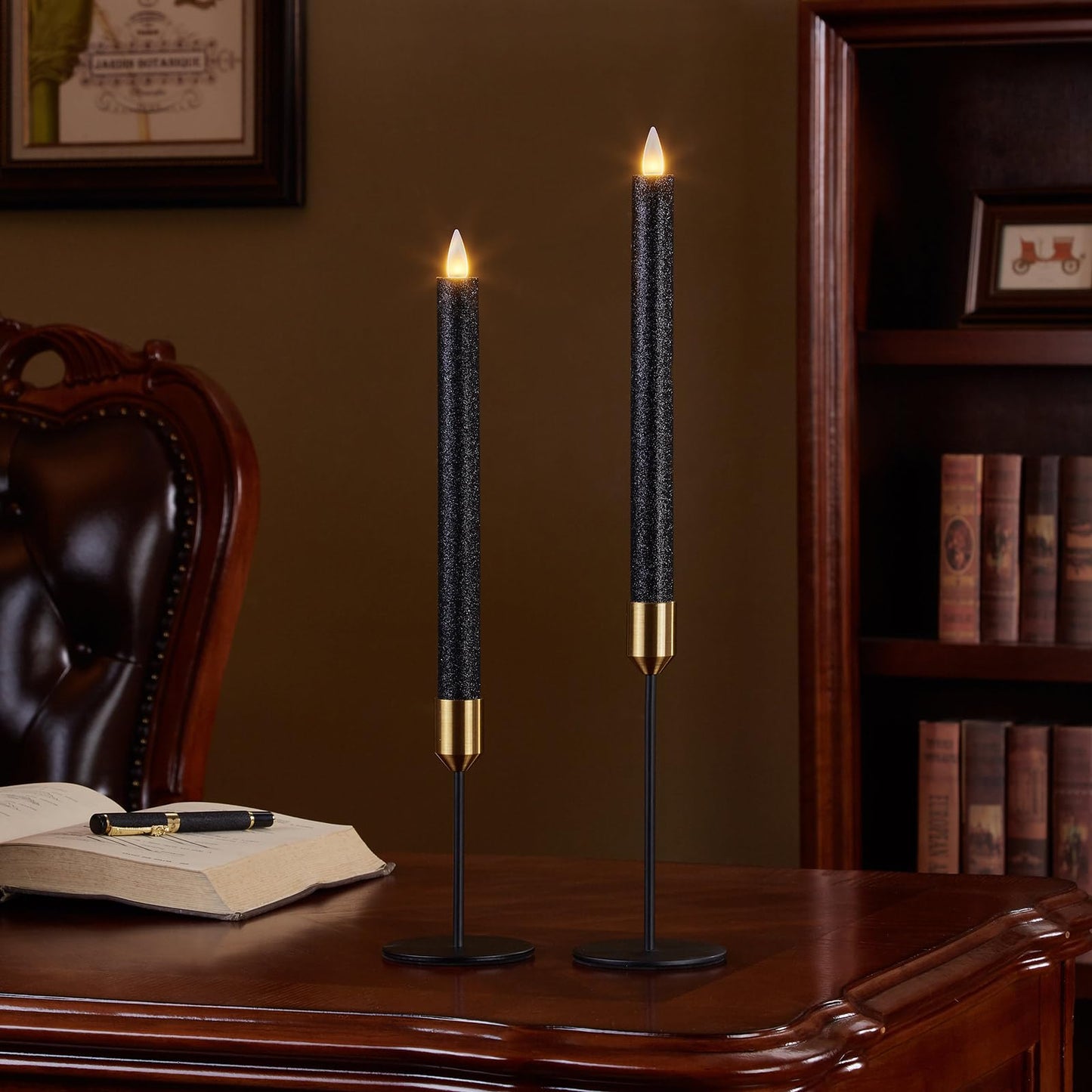 CozierGlow Flameless Taper Candles Flickering with Remote and Timer, 3D Moving Flame Taper Candle Battery Operated to 400 Hours, 9 Inch Window Candles, (Glitter Black)