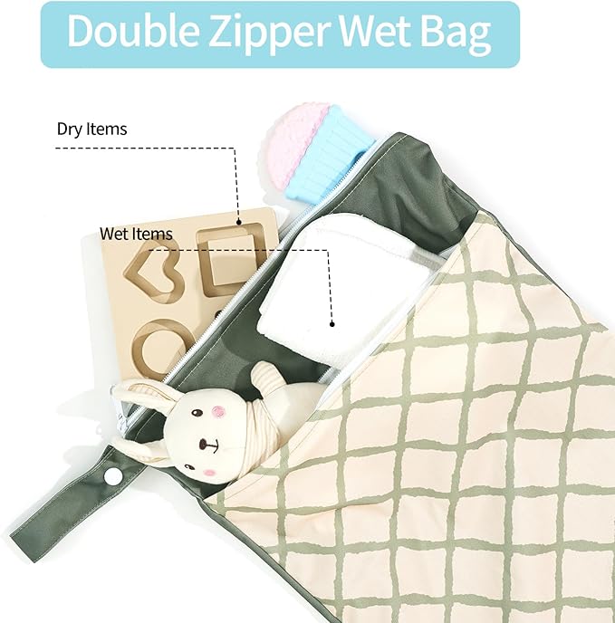 2pcs Wet Bags Waterproof Reusable Wet Dry Bag with Two Zippered Pockets Travel Beach Pool Daycare Yoga Gym Bag for Baby Cloth Diaper,Swimsuits,Wet Clothes (Leaves & Grids)