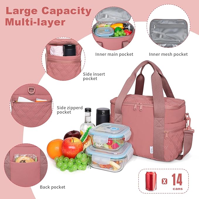 NOL Natural Organic Lifestyle Women's Nylon Lunch Cooler Cute Quilted Lunch Bag Large Leakproof Insulated Lunch Tote Bag for Work Picnic Travel,Dark Pink