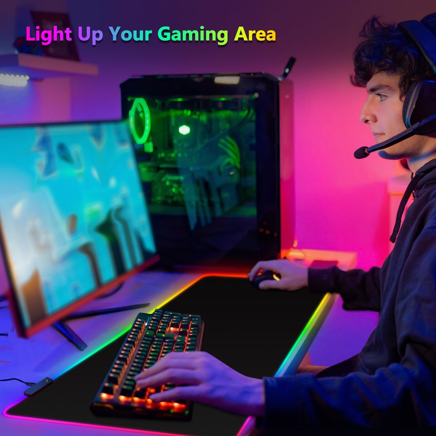 YQE RGB Gaming Mouse Pad: 35.4"x15.7" Desk Mat for Keyboard and Mouse, LED Game Mousepad with 14 Colors Light Modes, Non-Slip Desk Pad Matt Protector+Coasters-for Home, Office, Desktop-Black